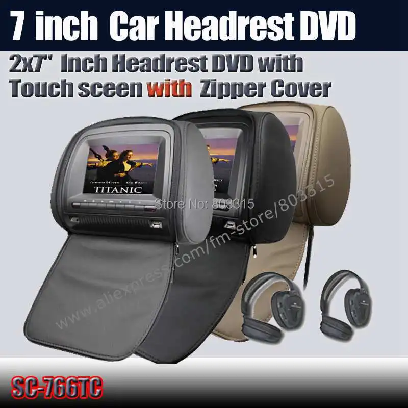 Discount 2x7 inch Pillow Headrest DVD with Zipper Cover +32bit Game/USB/SD/ FM/IR for free 2pcs IR Wireless Headphone 0