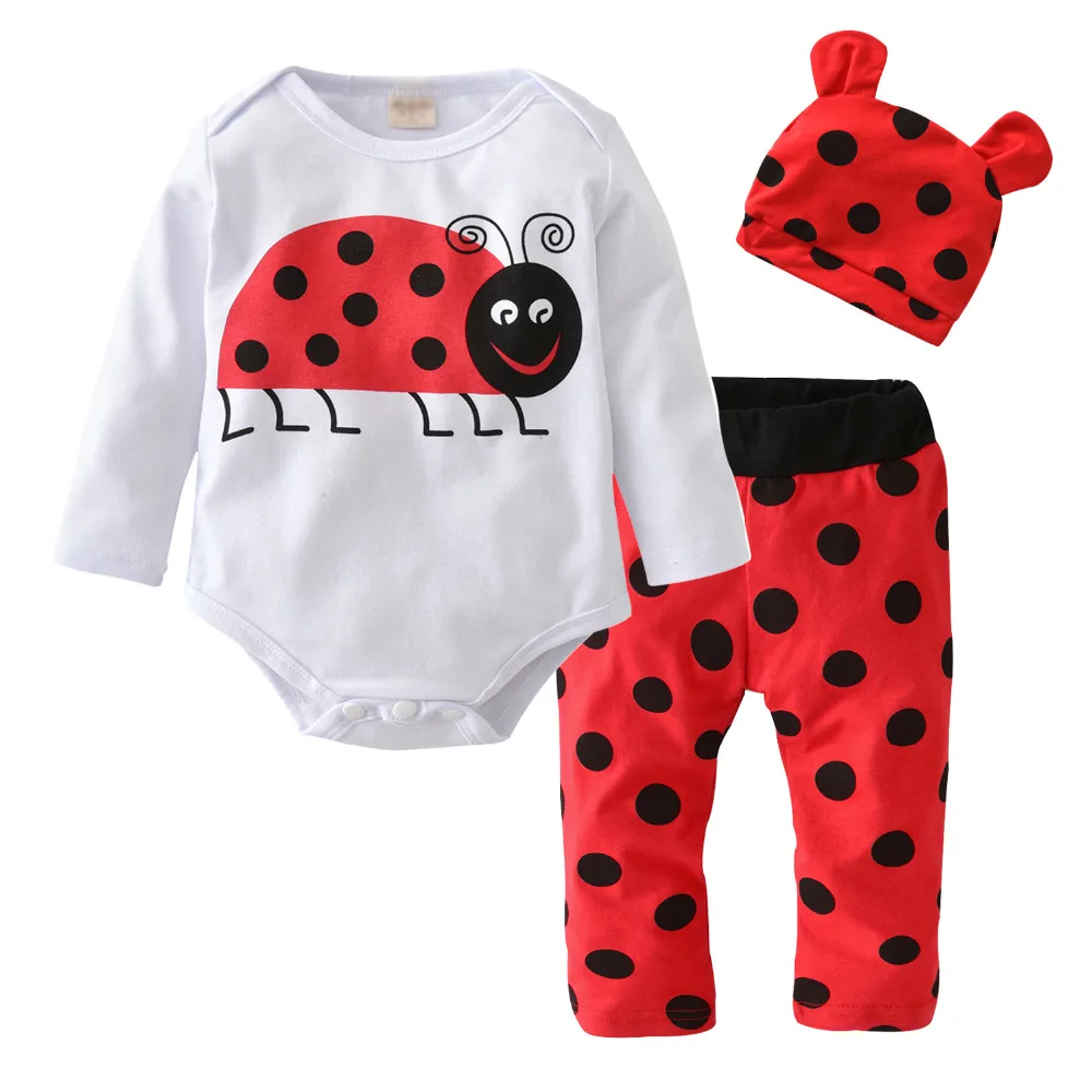 

2019 Autumn Style Baby Boys Girls Clothing Set Cotton Long Sleeve Ladybug Printing 3 Pcs Infant Suit Newborn Toddler Clothes