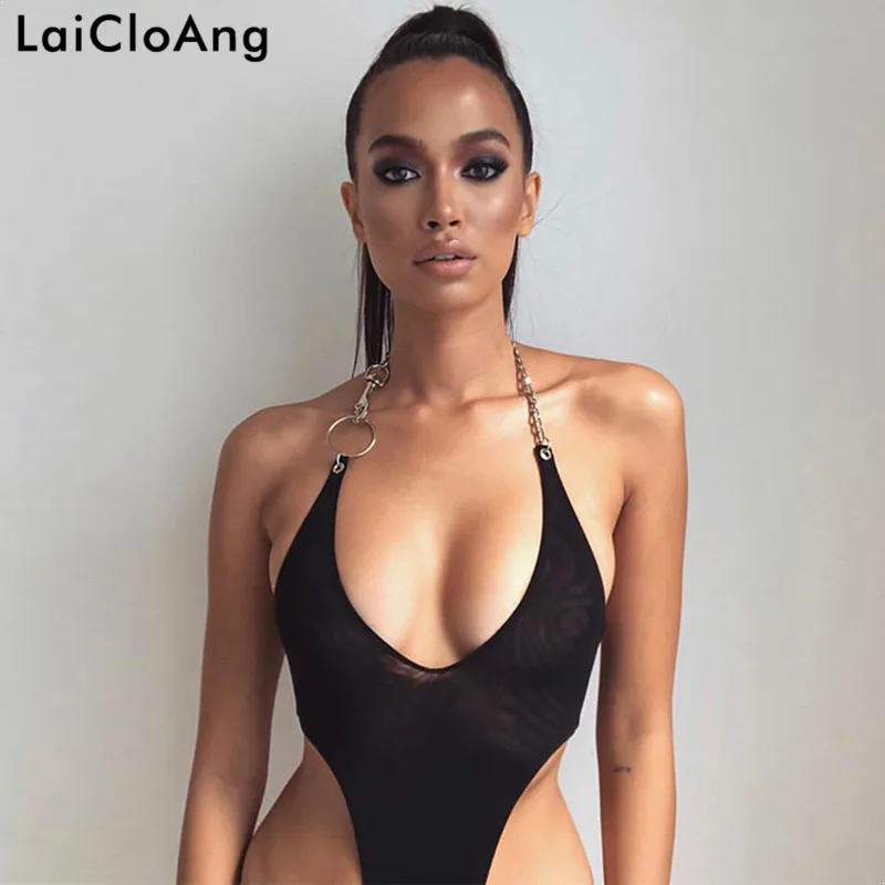 

LaiCloAng Mesh Transparent Halter Sexy Bodysuit Women Sleeveless Skinny Summer Women Rompers Backless Nightclub Women Bodysuit
