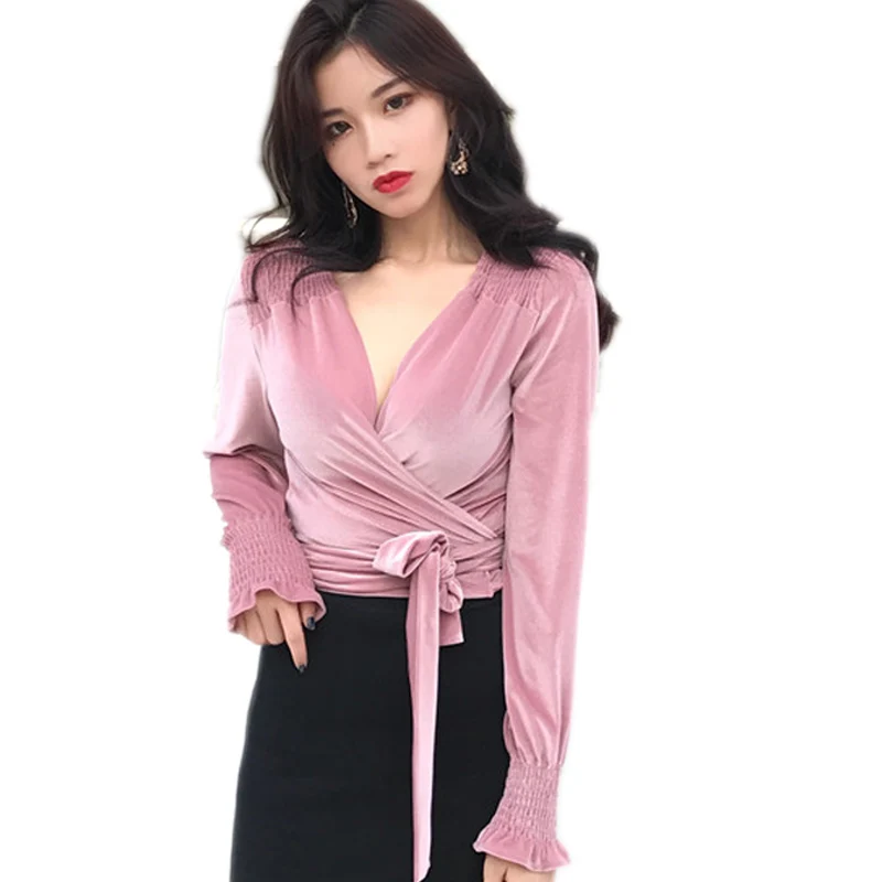 

Solid Pink Black Women Blouse V Collar Long Sleeve Cross Bandage Women Tops Casual Slim Sexy Velvet Blouse For Women Winter