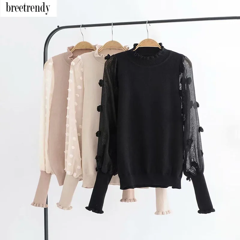 

Fashion women ruffled neck 3d fluffy floral chiffon sleeve patchwork sweater ladies chic pullovers jumpers knitted tops
