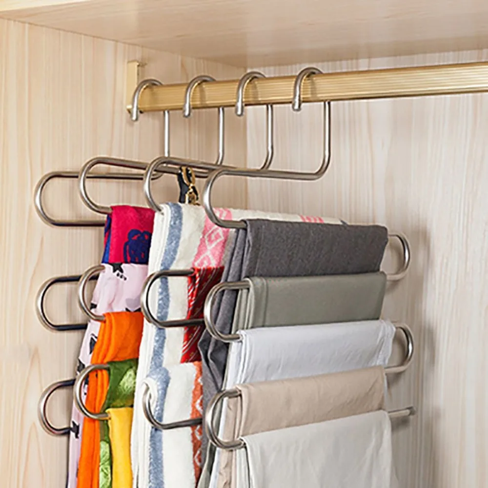 Simple Stainless Steel Five layer S shaped Pants Rack Closet Organizer Toolin Hangers & Racks