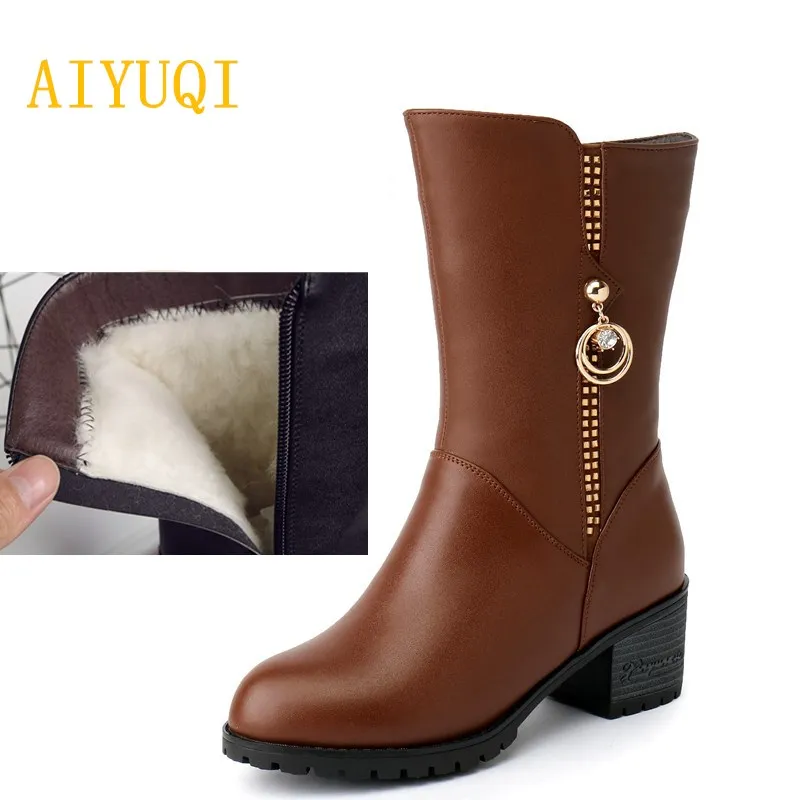 

AIYUQI 2019 new genuine leather women's winter boots. warm wool boots Large size 41 42 43 rubber boots for women motorcycle