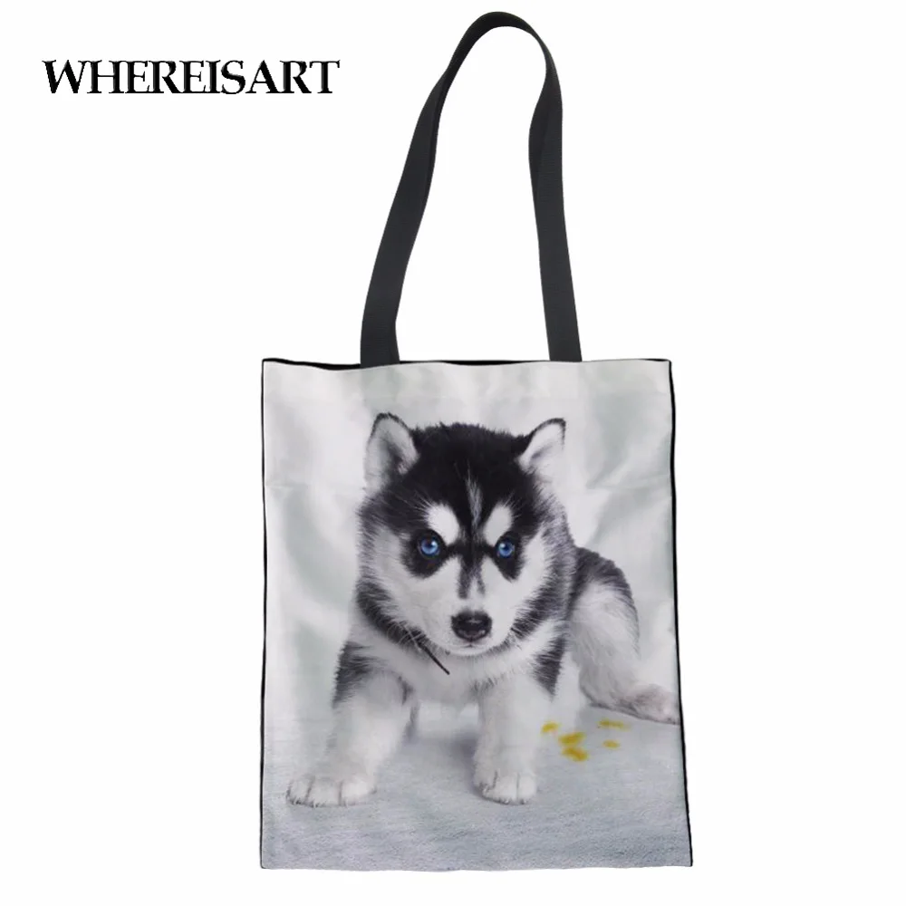 

WHEREISART Husky Canvas Handbag Tote Foldable Shopping Rugzak Dog Pattern School Bags Clutch Bag Girls Women Beauty Bag Mochila