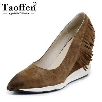 

TAOFFEN Women Pumps Real Leather Pointed Toe Fringes Wedges Female Shoes Woman Party Office Work Woman Footwear Size 34-39