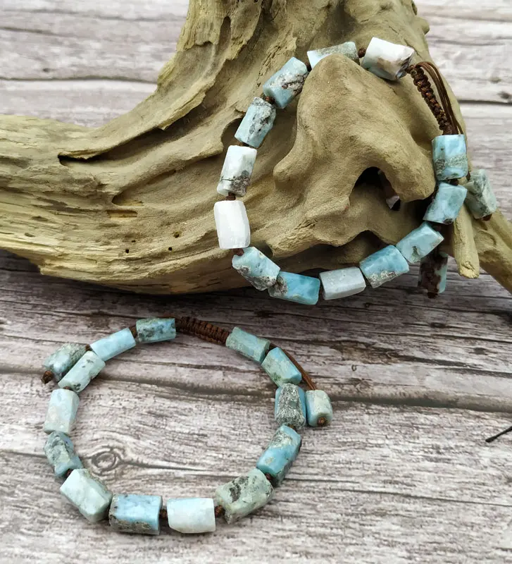 

YA3913 Natural Larimar Stone Column Beads Knotted Cord Adjustable Bracelet