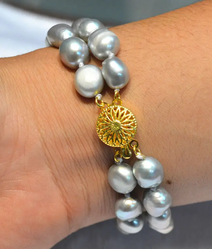 

FREE SHIPPING HOT sell new Style >>>>Fashion 2 ROW 9-10 mm true silver baroque pearl bracelet 7.5 "A++++