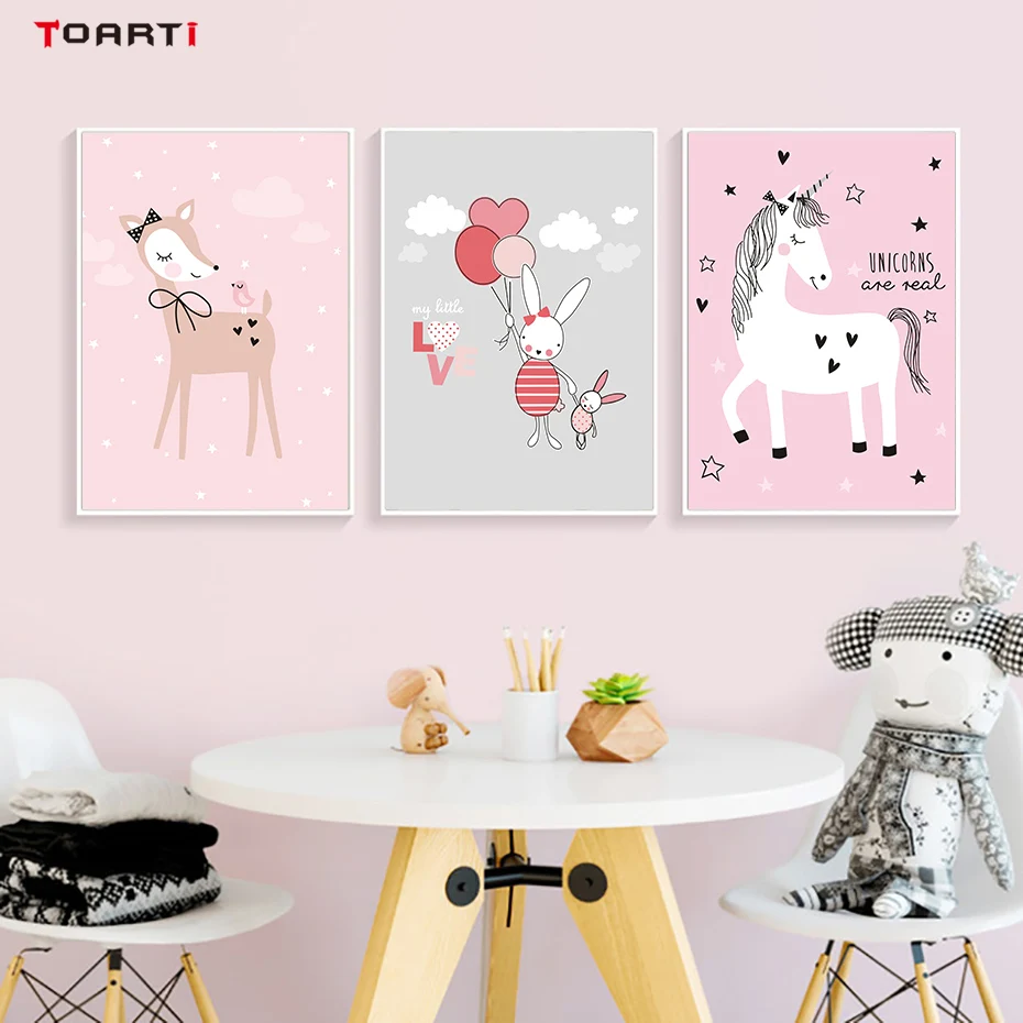 

Nursery Girl Room Wall Art Picture Pink Deer Poster And Print Cartoon Heart Canvas Painting Nordic Style Kids Rooms Decoration