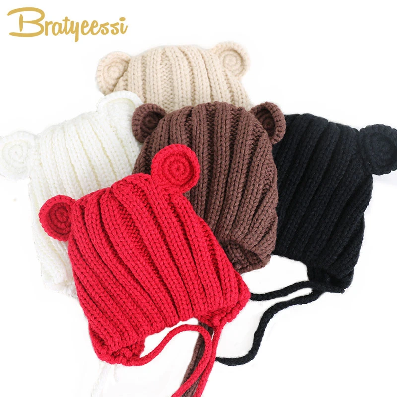 FUNOC Knitted Winter Baby Hat with Ears Cartoon Lace-up Bonnet Cap for 1-3 Years FUNOC Knitted Winter Baby Hat with Ears Cartoon Lace-up Bonnet Cap for 1-3 Years