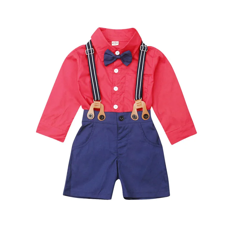 Осенняя одежда для маленьких мальчиков из 2 предметов Повседневный однотонный комплект джентльмена, рубашка Топ + комбинезон на подтяжках