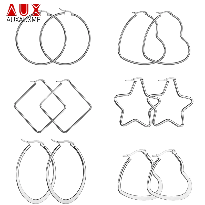

Auxauxme A Pair Titanium Steel Hoop Earrings Circle/Star/Oval/Rectangle/Heart Drop Ear Clips For Women Fashion Ear Jewelry