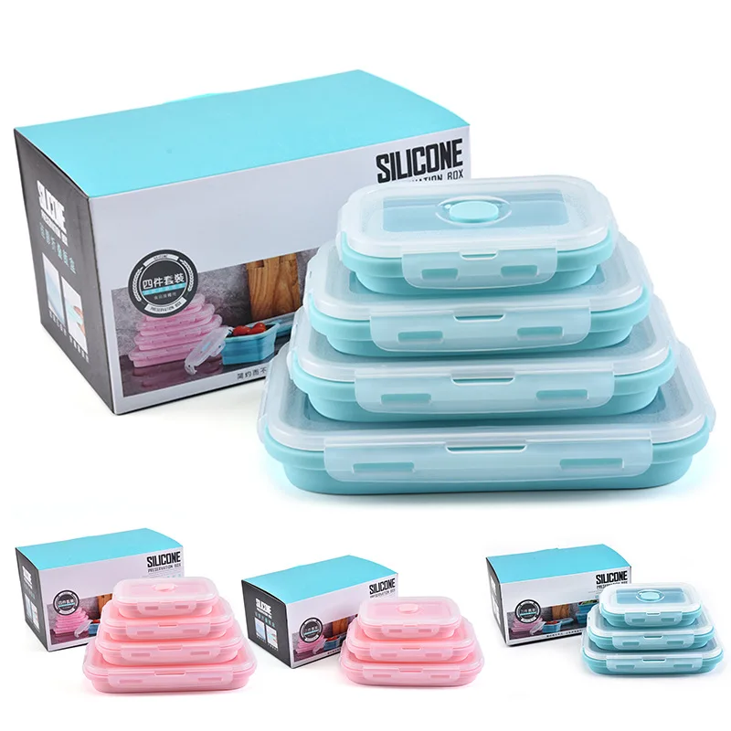 

4 Size Collapsible Silicone Lunch Box Portable Food Storage Container Picnic Box 350ml 500ml 800ml 1200ml Eco-Friendly BPA Free