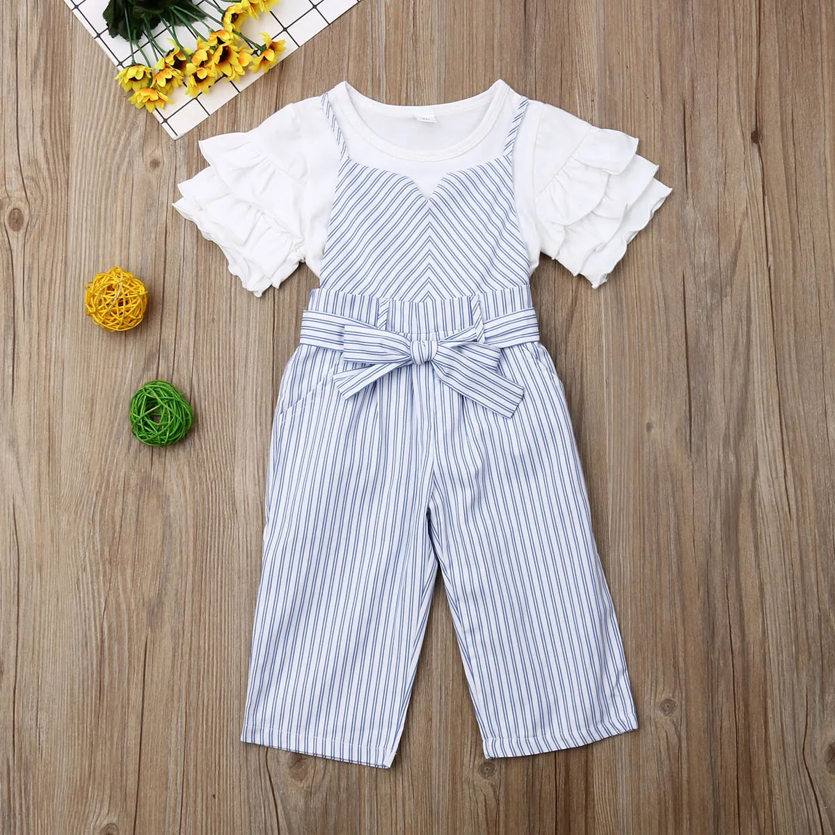 Pudcoco Toddler Baby Girl Clothes Cotton Ruffle T-Shirt Tops Striped Overalls Pants 2Pcs Outfits Summer Clothes