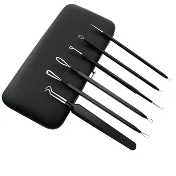 

6 Pcs Removal Pimple Needle Blackhead Remover Black Head Extractor Tools With Black PU Leather Bag D7