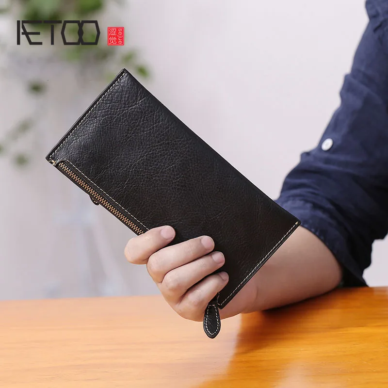 

BJYL Wallet male long leather ultra thin zipper money chuck Layer cowhide head Youth casual handbag