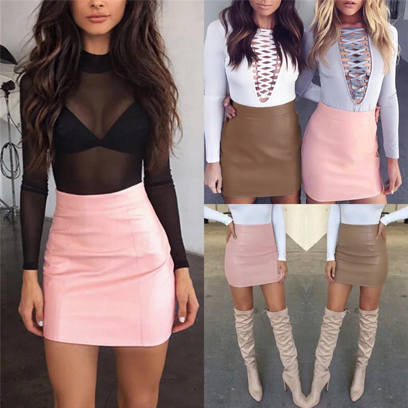 

Wolovey#20 2017 New Style Women Sexy Bandge Leather High Waist Pencil Bodycon Hip Short Mini Skirt Simple Style Modest