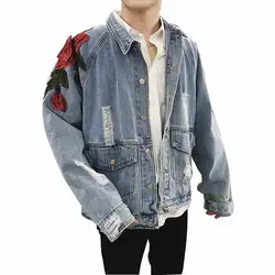 Mcik мужские джинсовые куртки в стиле хип-хоп с вышитыми розами, свободные джинсовые куртки с отложным воротником, уличные пальто для мужчин