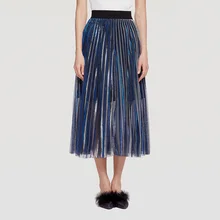 Винтажная эластичная женская летняя длинная юбка с высокой талией, Saia, Женская плиссированная юбка трапециевидной формы, синяя, Faldas Jupe Femme