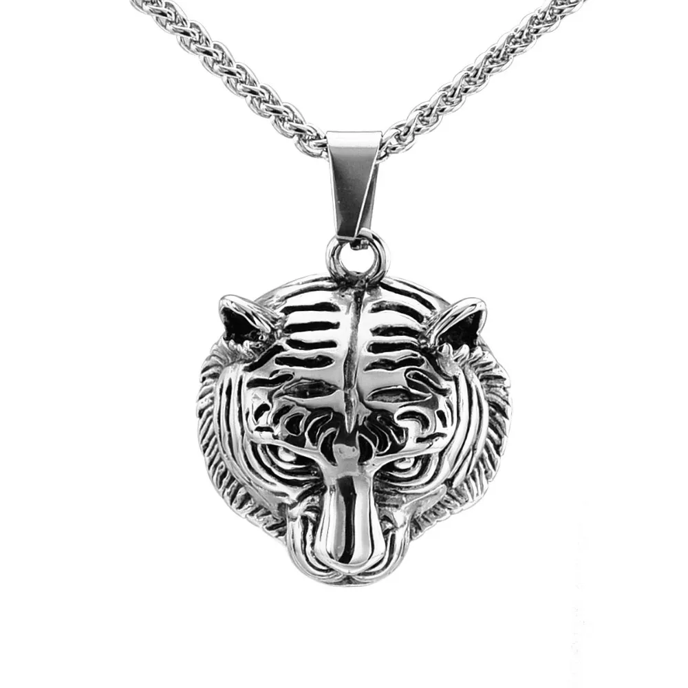 

Men's Silver Tone Stainless Steel Tiger Head Punk Biker Pendant Necklace