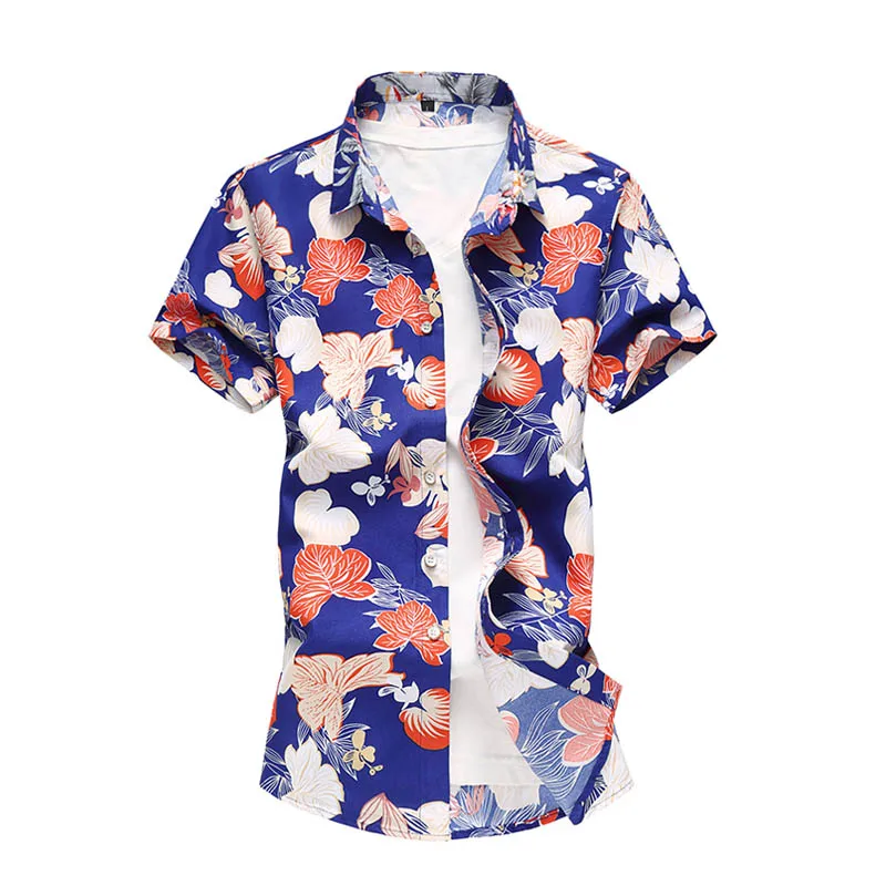 20 видов стилей, летняя мужская Повседневная рубашка с коротким рукавом, мужские рубашки с цветочным принтом, Гавайские повседневные мужские рубашки с цветочным принтом для пляжа, отдыха, Camisa, 6XL, 7XL - Цвет: c603 blue