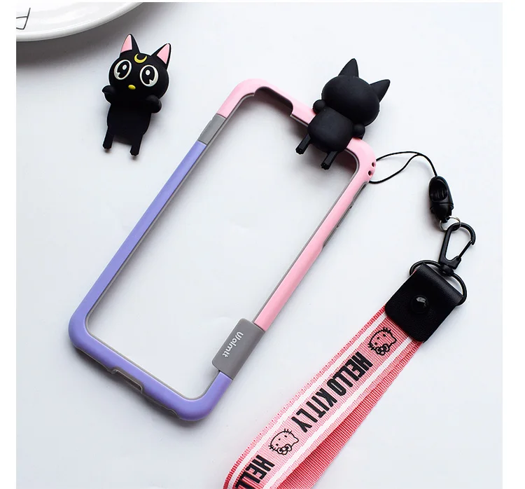 

For iphone XS max XR bumper +3D luna cat toy, SOft Color Shock Shockproof frame For Apple iPhone X 8plus 8 7 7p 6S 6p 6Sp +strap