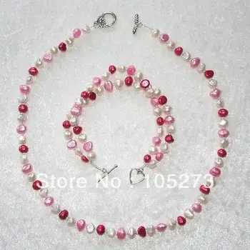 

New Arriver Pearl Jewelry White Red Pink Nugget Freshwater Pearl Necklace Bracelet 4-6mm Baroque Shaper 18'' 8'' Free Shipping