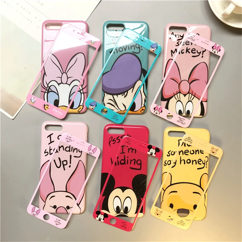 

Cute Mickey Minnie Daisy Pig Case For iPhone 8 7 6 6S Plus Cartoon Winnie Pooh Duck Soft Cover+Glass For iphone X XS Max XR Case