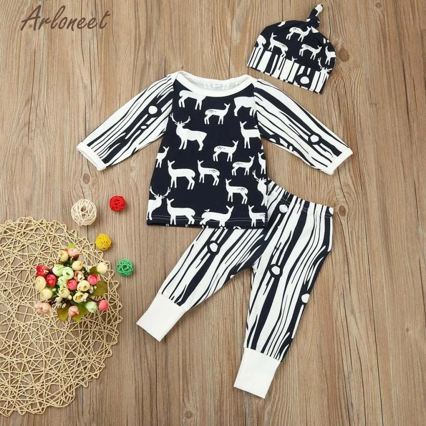 2017 fashionnewborn маленьких Обувь для девочек Обувь для мальчиков с принтом оленя футболка Брюки для девочек комплект одежды из 3 предметов окт
