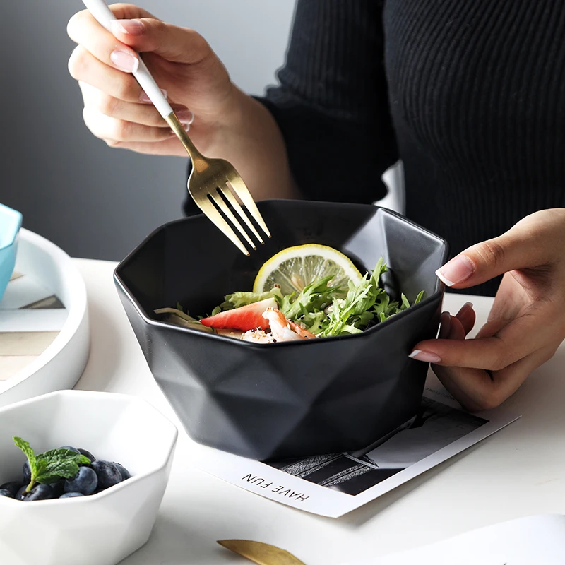

KINGLANG Ceramic Salad Bowl Tableware Edge Soup Bowls Simple Salad Geometric Shape Bowl