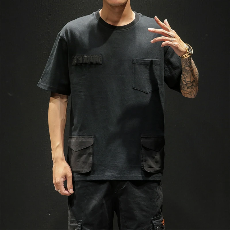 

2019 Summer Cargo Shorts Men Solid Regular Vintage Short Joggers O-Neck Male Stitching Streetwear Oversized T Shirt Harajuku