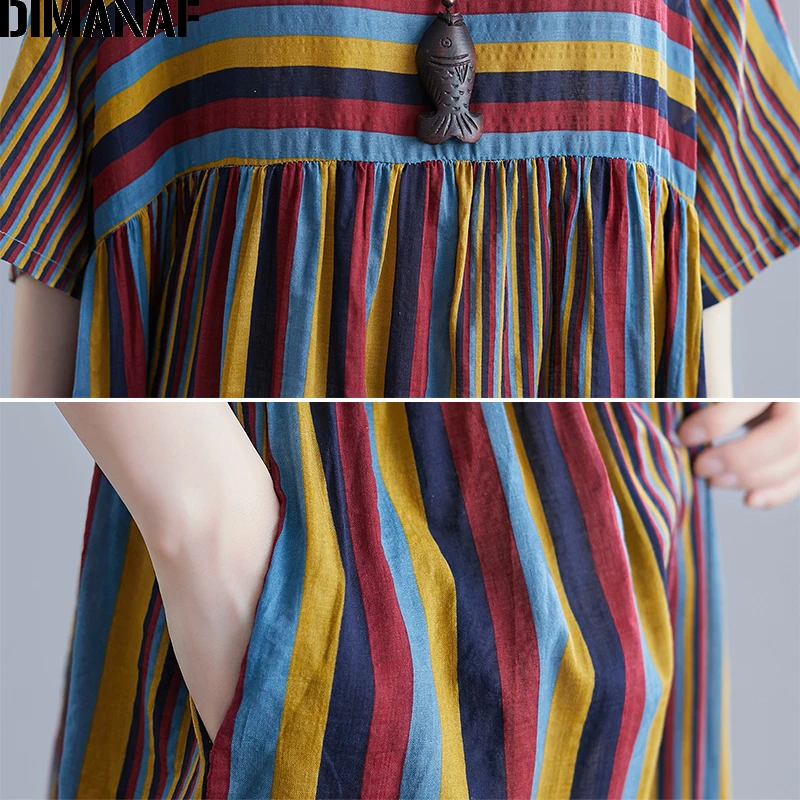 Женское платье свободного кроя в полоску DIMANAF, хлопковое винтажное платье с принтом, платье большого размера 5XL, 6XL для осени