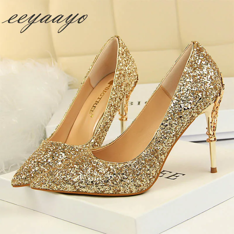 2019 New Spring Women Pumps High Thin Heels Pointed Toe Metal Decoration Sexy Bling Bridal Wedding Women Shoes Gold High Heels