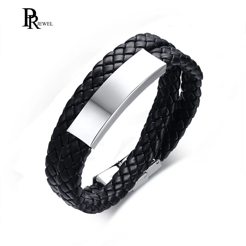 

Stainless Steel Personalized PU Leather Double Black Braided Wrap Bracelets for Men