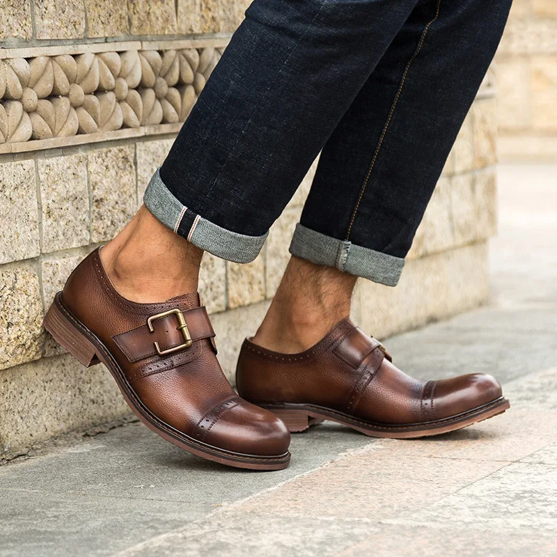 Mycolen Cabeza Hecho Mano Grande coffee Primavera Marca A Cuero La Retro Moda Hombres Británica Lujo otoño Hebilla Brown Tallado De Zapatos Los aaq4rOBT