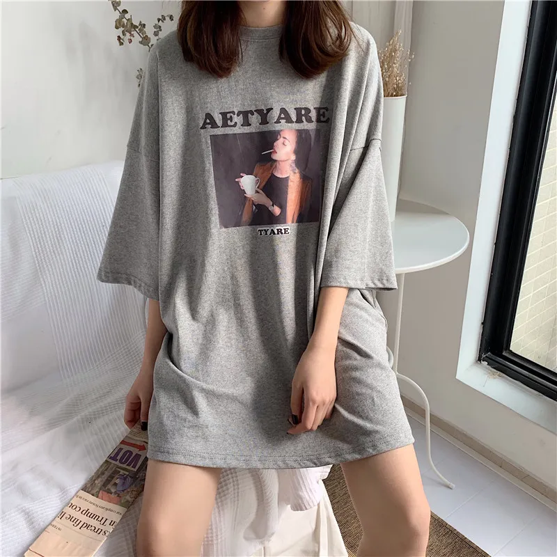 

Summer Long T Shirt Loose Letter Printed Seven-quarter Sleeve Women T-shirt Korean Style Oversized Tops Graphic Tees Streetwear