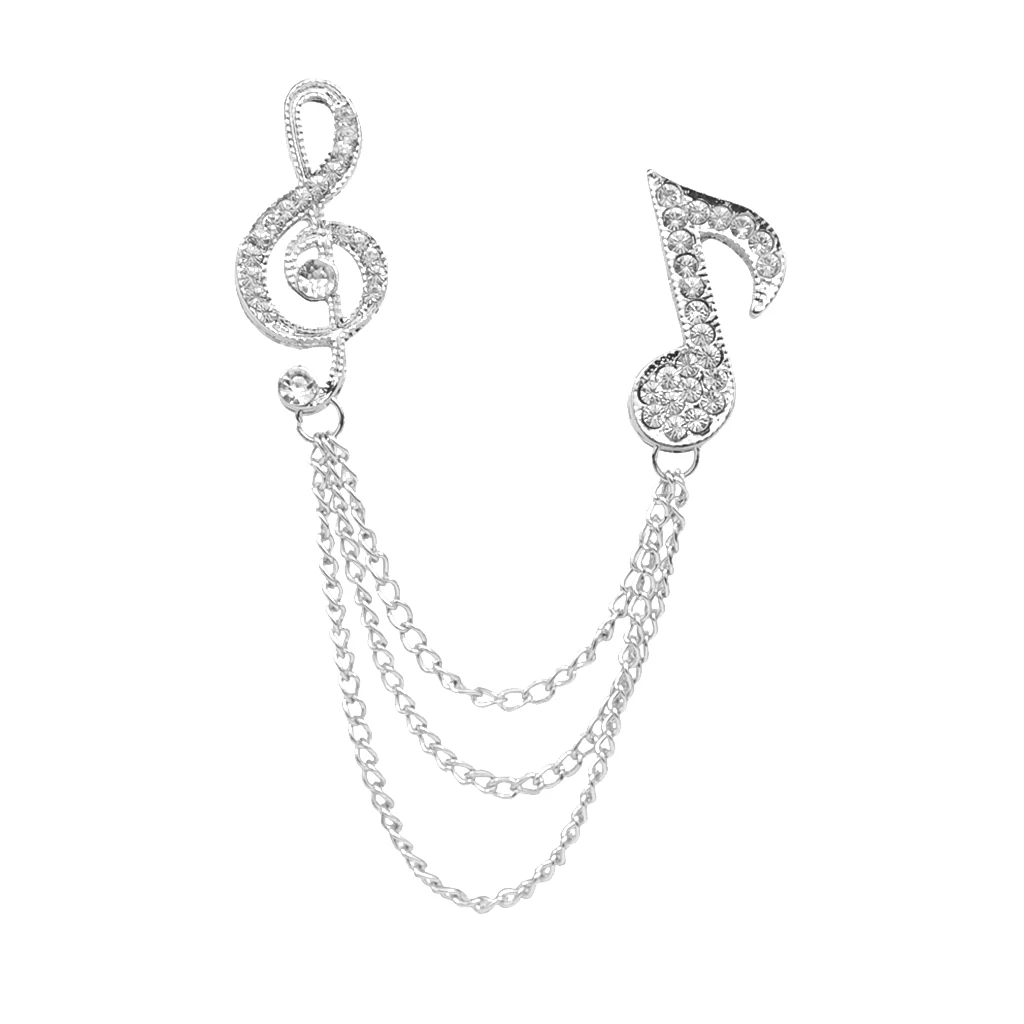 Crystal Music Note Chain Brooch Pin Shirts Neck Collar Tips with Layers Tassel Chain Blouse Lapel Pins Fashion Jewelry