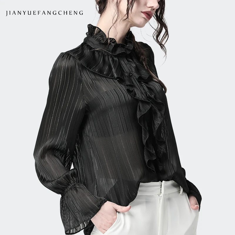 Women Satin Shirt Ruffled Stand Collar Flared