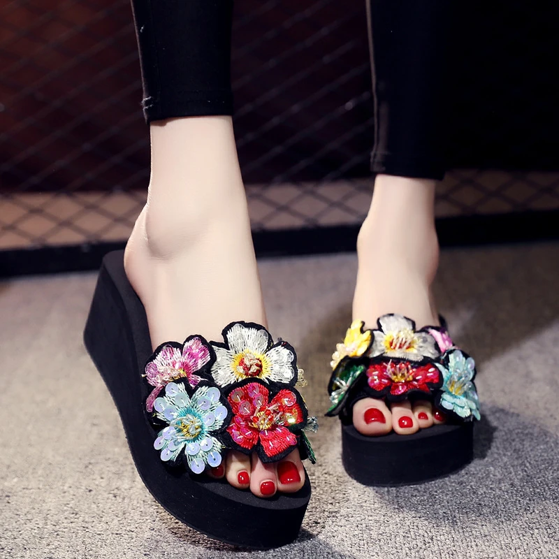 Zapatillas de plataforma con flores ostentosas para mujer, chanclas coloridas con cuentas de 6cm, zapatos cuña de estilo bohemio, zapatos deslizantes de verano 2018|Zapatillas| - AliExpress