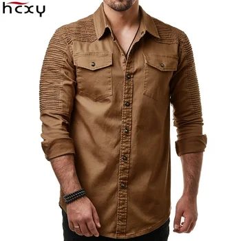 

HCXY 2019 Autumn Men's Jean Shirt big size Men Long sleeve Denim Shirts Washed Long-sleeved Jean Shirts fold decoration