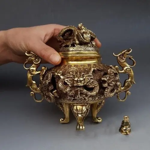 7 "Китайская латунная позолоченная 9 Дракон благовония горелка курильница