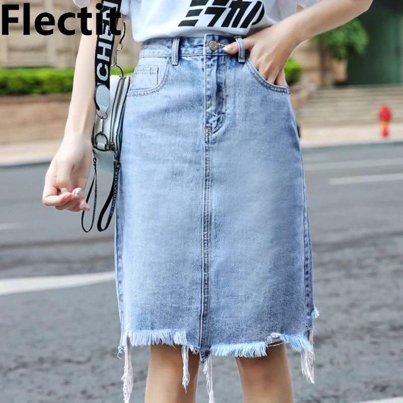 distressed knee length denim skirt