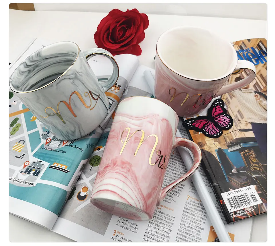 Handpainted Gold Monogram Natural Ceramic Marble Porcelain Tea Cup Mr And Mrs Milk Cup Of Coffee Mugs Creative Wedding Gift (8)