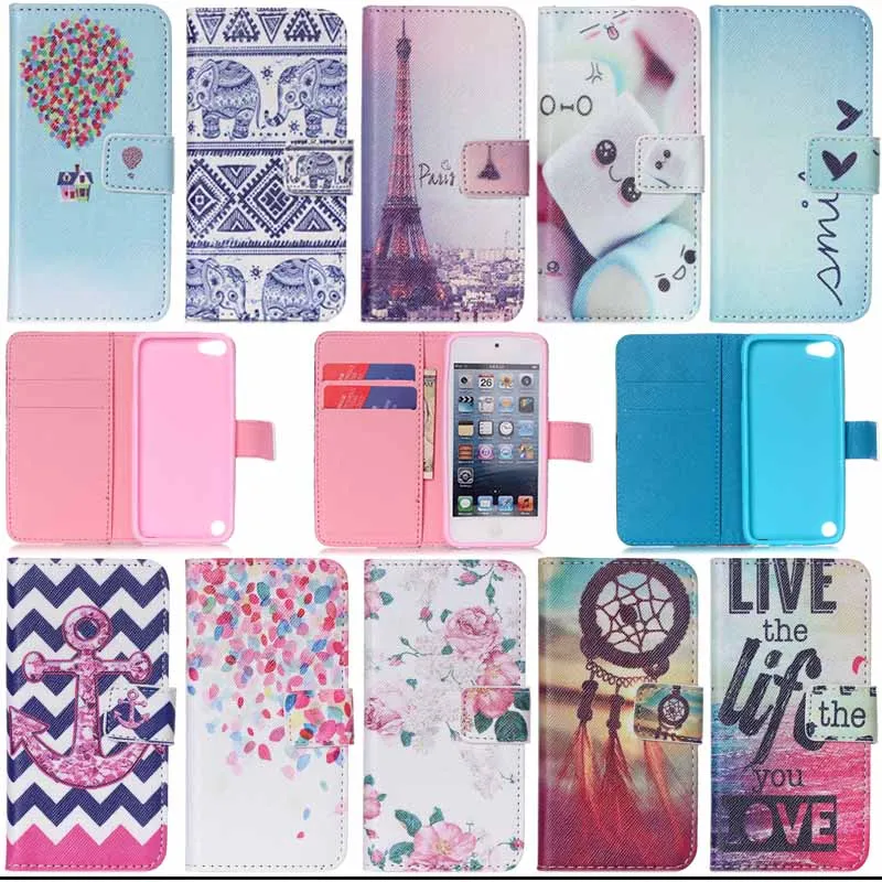 

Flower&tower print Leather Magnetic Stand Wallet Case cover For Apple iPod Touch 5 Phone Cases with Card Holder S3d25D