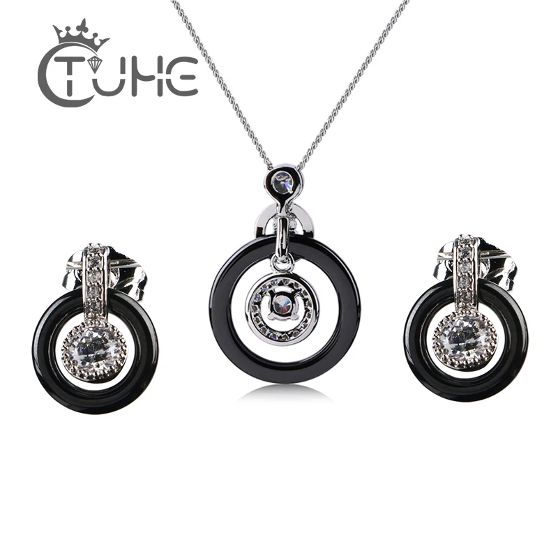 

2018 Hollow Round Earrings Pendant Necklace Jewelry Sets for Women Plus Big Australia Crystal Black Smooth Ceramic Sets Jewelry