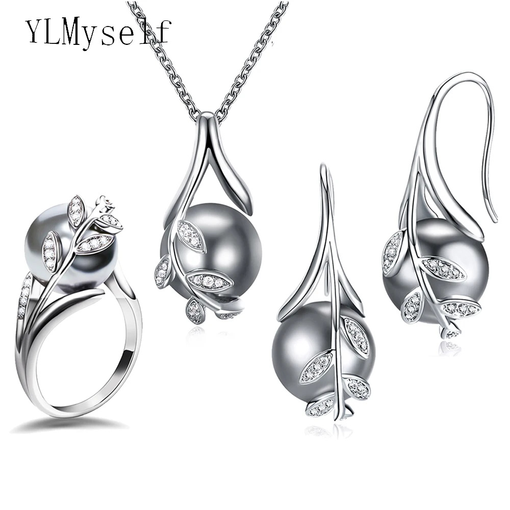 Серьги с подвеской и кольцом комплект из 3 предметов серое жемчужное кольцо