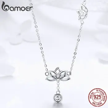 

BAMOER Authentic 925 Sterling Silver Lotus Flower Pendant Necklace Chain Link Short Necklace for Women Silver Jewelry GAN012