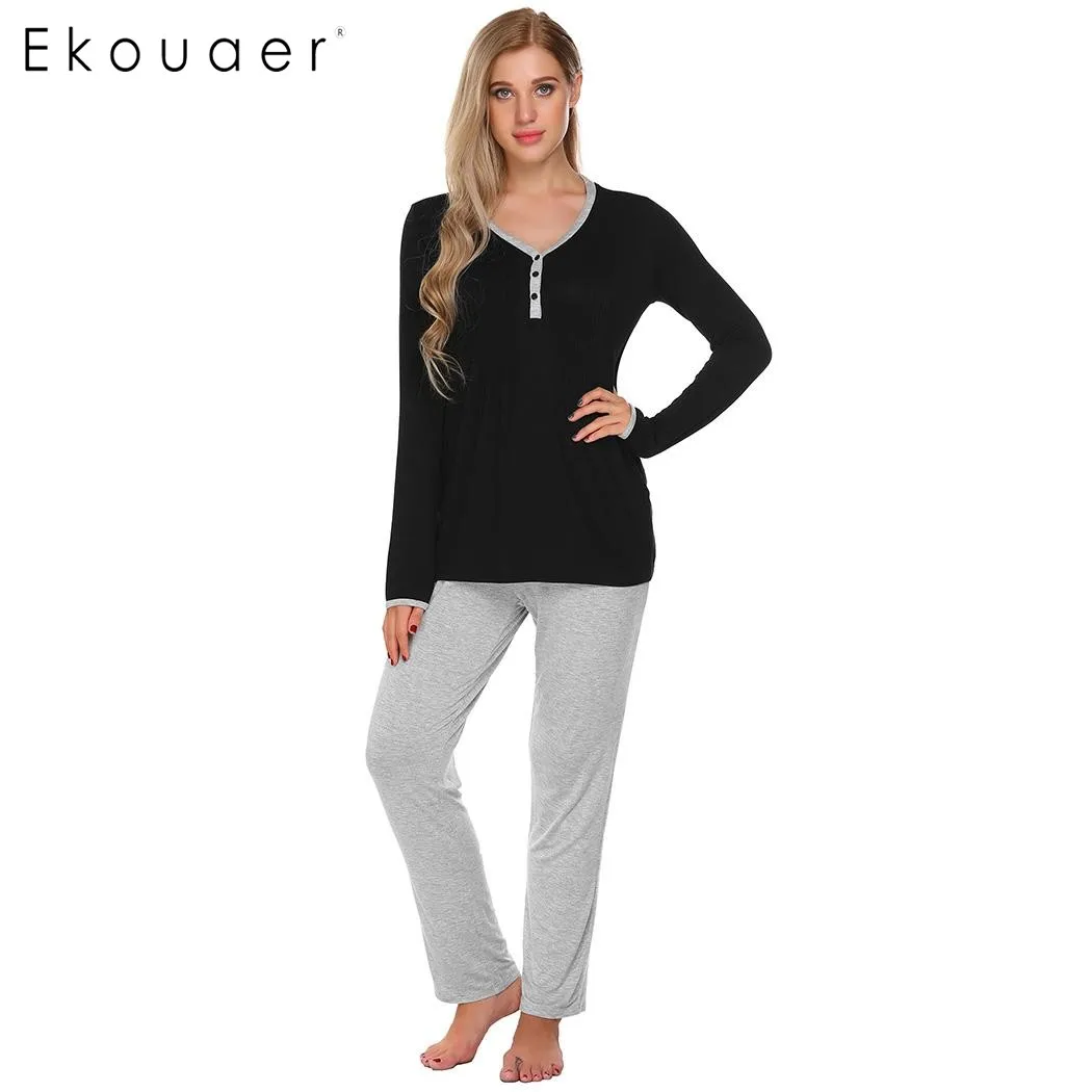 Ekouaer Fashion Fold Pajamas Women Solid Long Sleeve Tops with Elastic