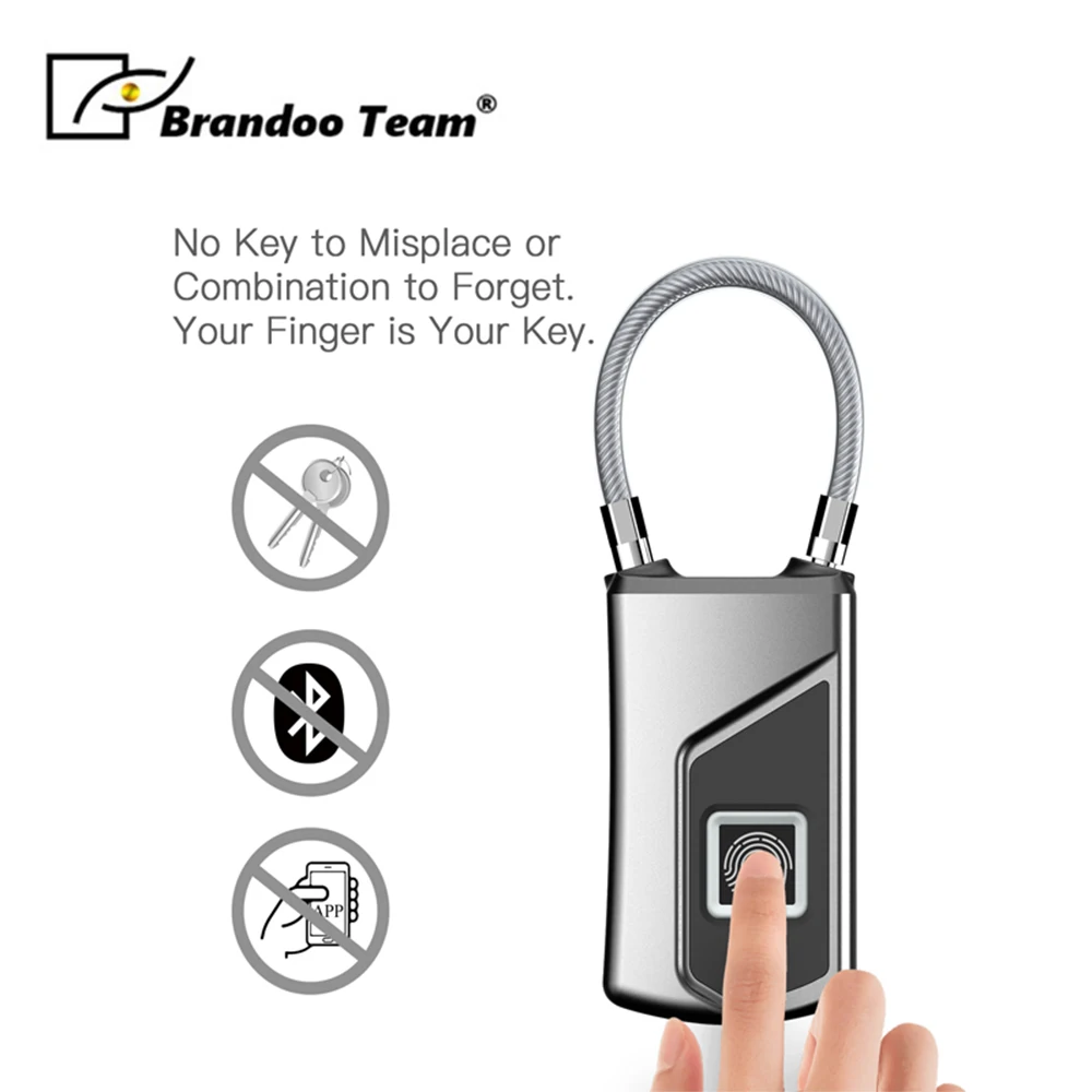 

Brandoo cheap USB Rechargeable Smart Keyless IP66 Waterproof Fingerprint Lock Anti-Theft Security Padlock Door Luggage Case Lock