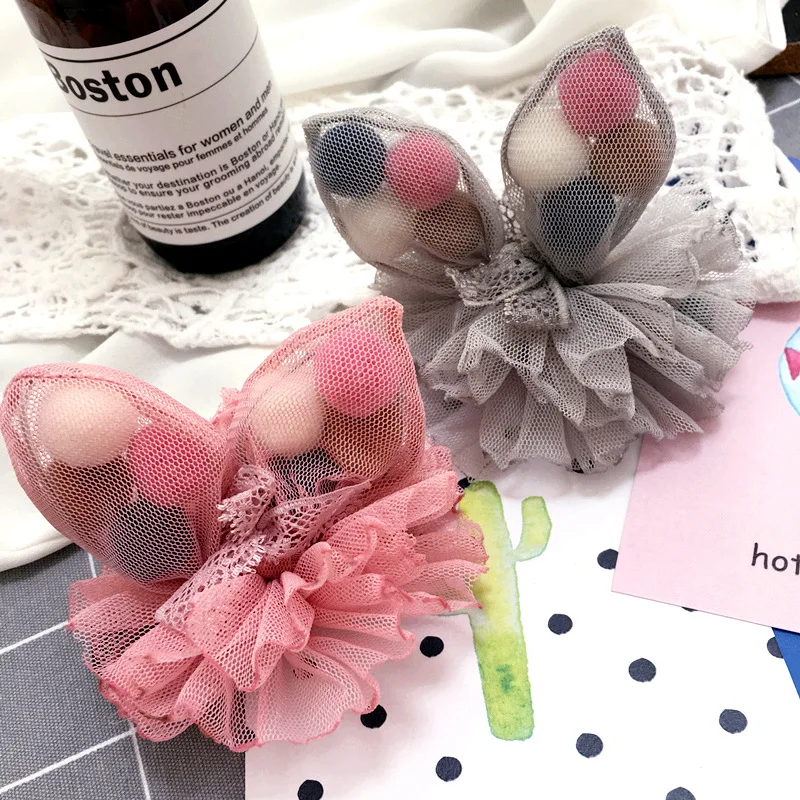 

20pcs Fashion Cute Color Pom Pom Lace Hair Bow Hairpins Solid Kawaii Gauze Rabbit Ears Hair Bow Hair Clips Headwear Accessories