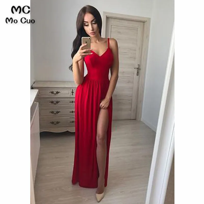 Red Chiffon A-Line Spaghetti Straps V-Neck Floor-Length Side Slit Prom Dress545